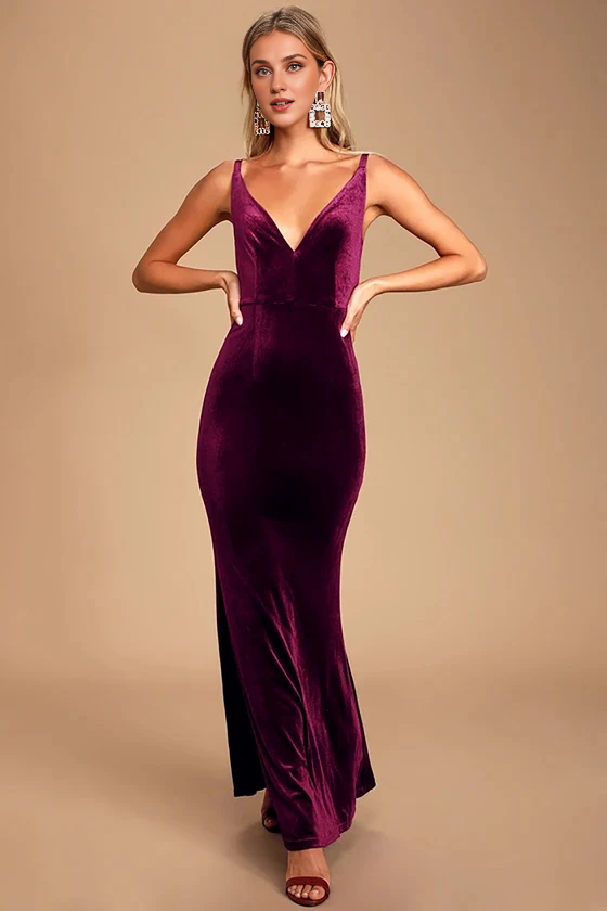 Vestidos formales Weitese para mujer, color morado ciruela, escote en V, terciopelo, sin mangas, vestido largo tipo sirena, vestidos de fiesta, tiendas de vestidos